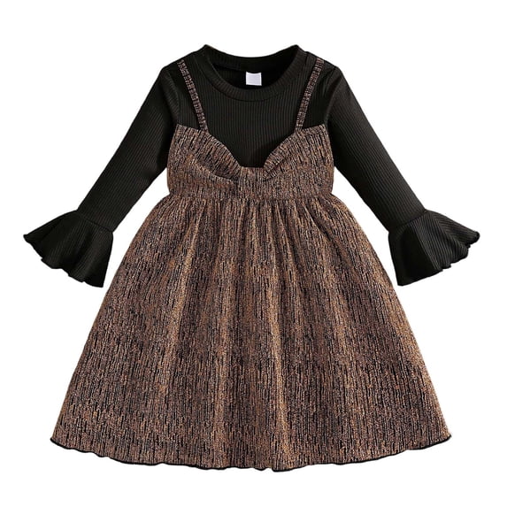 Girls Brown Long Sleeve Party Dress with Ruffles & Sparkly Metallic Skirt, Faux Two Piece Holiday Outfit for Kids & Kids 3-10 Years,Size 5 T