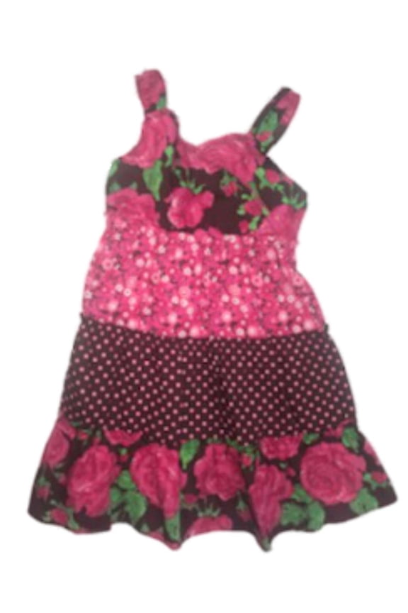 Girls Brown & Pink Flower Sundress Roses & Dots Tier Sleeveless Summer Dress 18M
