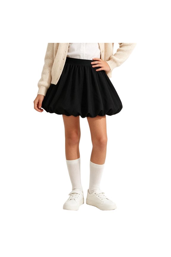 Girls Bubble Balloon Skort, Elastic High Waist Puffy Cloud‑Shaped Mini Skirt With Built‑In Ruffle Safety Shorts, Solid Color Skirt
