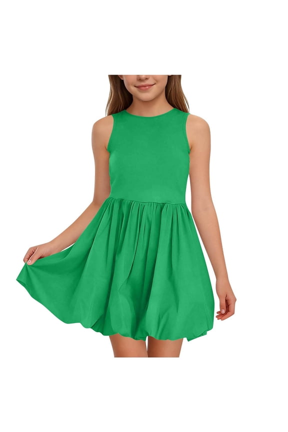 Girls Bubble Dress Summer Sleeveless Crewneck Pleated Sundress A-line Puffball Balloon Cute Mini Sun Dresses (7-8 Years, Green)