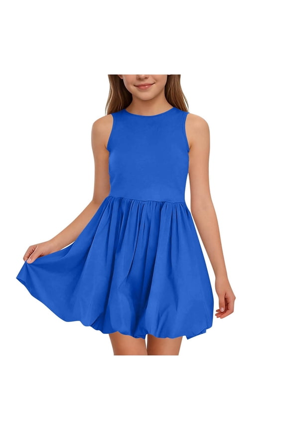 Girls Bubble Dress Summer Sleeveless Crewneck Pleated Sundress A-line Puffball Balloon Cute Mini Sun Dresses (9-10 Years, Blue)