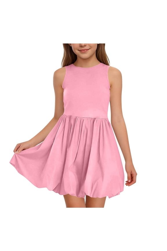 Girls Bubble Dress Summer Sleeveless Crewneck Pleated Sundress A-line Puffball Balloon Cute Mini Sun Dresses (9-10 Years, Pink)