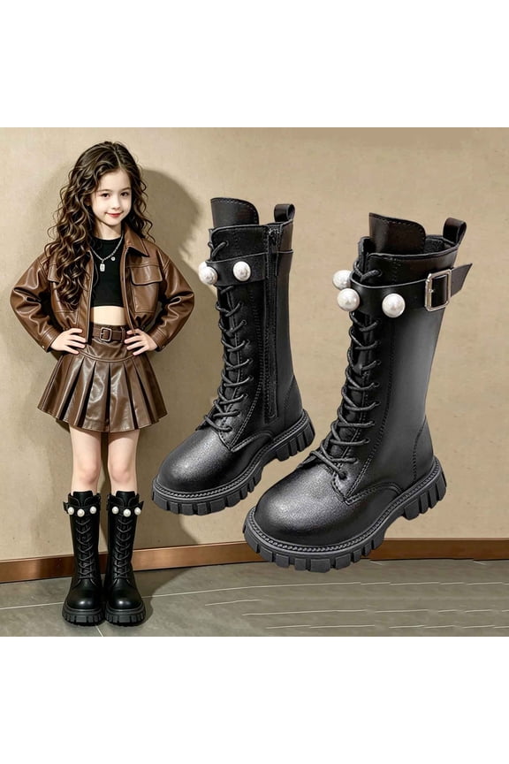 Girls' Buckle Strap Mid Calf Boots Solid Color Lace Up Leather for School Campus Wear Weekend Party Outfits 3-15 Years Black 5.5-6 Years