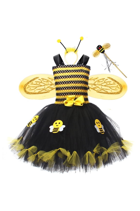 Girls Bumble Bee Tutu Dress Costume with Wings Headband Wand Socks, Kids Sequin Top Hall-oween Birthday Party Outfit Set for Kids Yellow,Size 3-4T