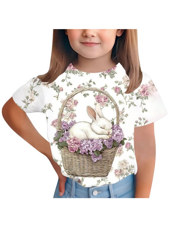 Girls Bunny Floral T-Shirt Short Sleeve Cute Easter Spring Shirt Soft Crewneck Top White,Size 9 T