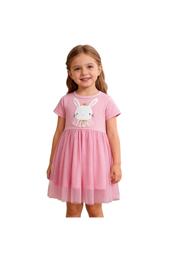 Girls Bunny Tutu Dress for Easter Birthday Party, Pink Short Sleeve Tulle Dress with Appliqué for Kids Age 2 3 4 5 6 7 8 Years,Size 4 T