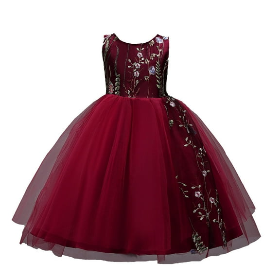 Girls Burgundy Gown Dress with Flower without Sleeves For Wedding, Pageant, Graduation, Birthday, Prom, Thanksgiving and New Year 5 years old