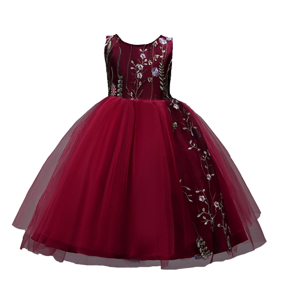 Girls Burgundy Gown Dress With Flower Without Sleeves For Wedding girls-burgundy-gown-dress-with-flower-without-sleeves-for-wedding