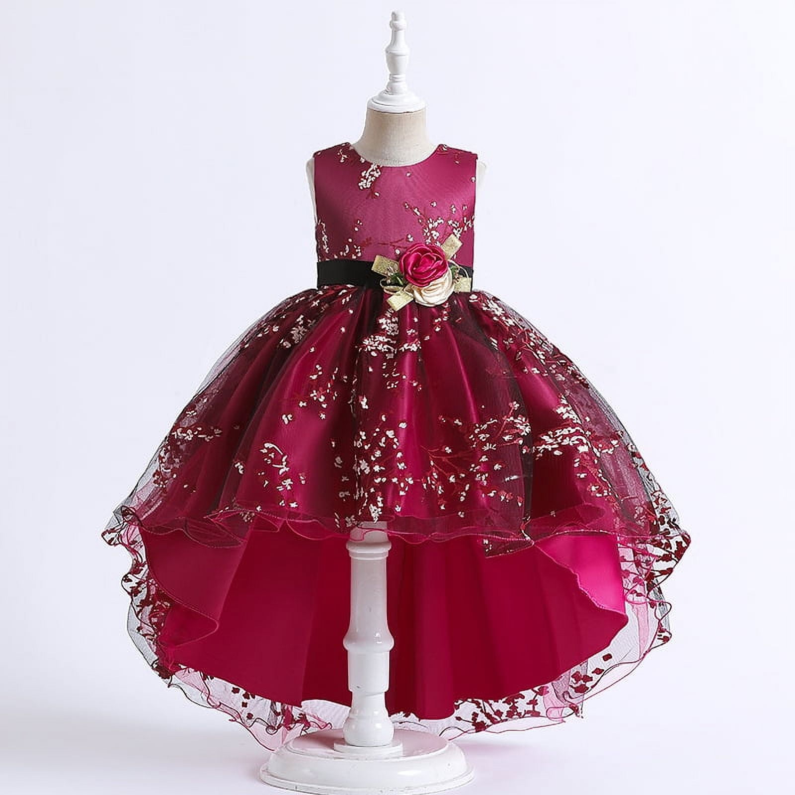 Girls Burgundy Gown Dress with Flower without Sleeves for Wedding, Pageant,  Graduation, Birthday, Christmas, New Year and Eid ages 9-11 years old