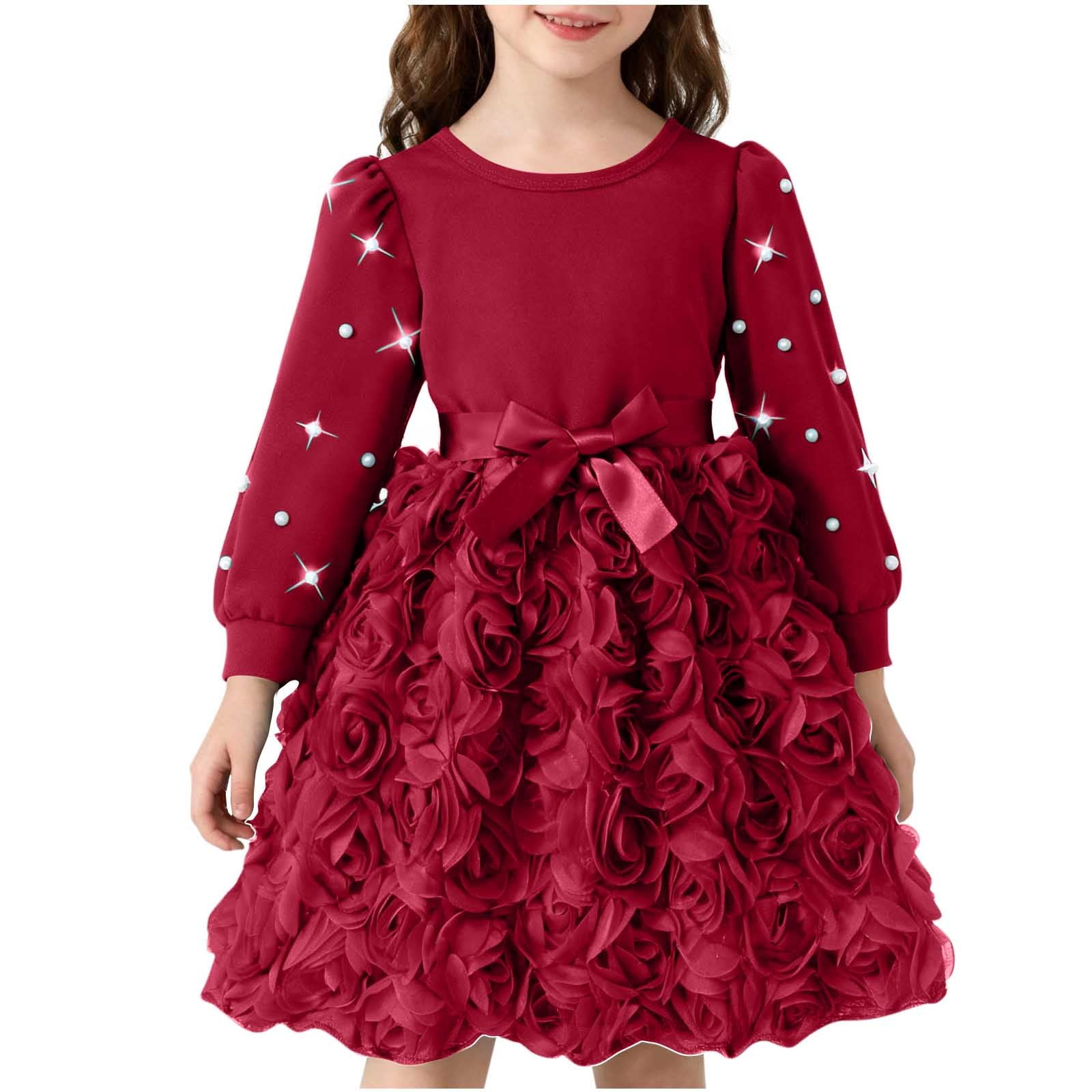 Girls Burgundy Long Sleeve Party Dress with 3D Roses, Princess Christmas  Dress for Girls with Satin Bow, Fluffy Holiday Pageant Dress,Size 5-6 T -  Walmart.com
