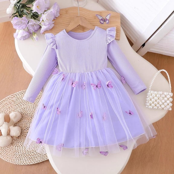 Girls Butterfly Dress Long Sleeve, Purple Tulle Party Dress for Kids Kids, Spring Princess Play Dress,Size 4-5 T