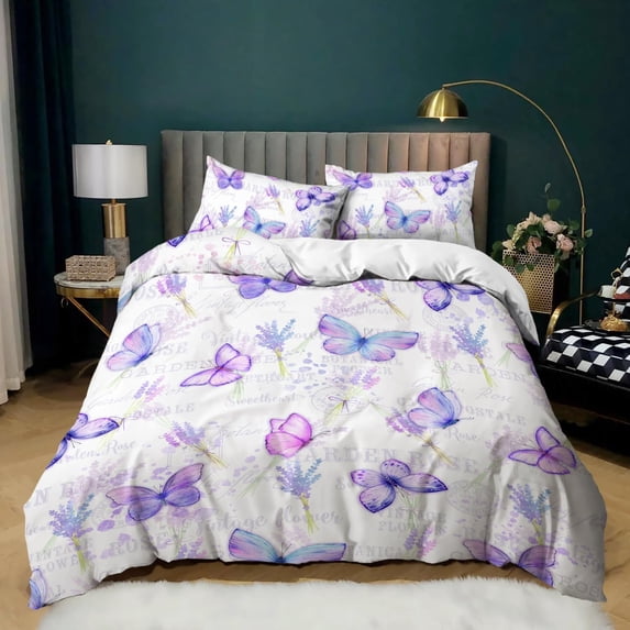 Girls Butterfly Duvet Cover Set, Purple Butterfly Kids Bedding Set,Watercolor Floral Butterfly Comforter Cover,3Pcs Lavender Butterfly Duvet Covet, 1 Quilt Cover and 2 Pillowcases