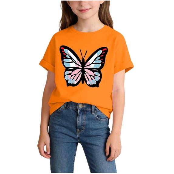 Girls Butterfly Graphic Tee Short Sleeve T-Shirt 100% Cotton Soft Crewneck Cute Summer Tops for Kids Kids Big Girl Orange,Size 10-12 T
