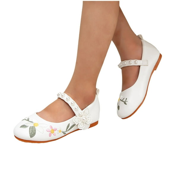 Girls Butterfly Mary Jane White Flower Pearl Leather Ballet Flats Dress Shoes for Toddler Little Big Kids