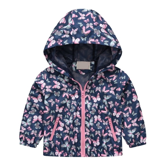 Girls Butterfly Print Windbreaker Jacket Hooded Zip Up Long Sleeve Outdoor Outerwear 3-4 Years