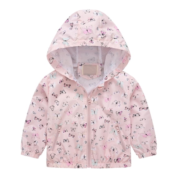 Girls Butterfly Print Windbreaker Jacket Hooded Zip Up Long Sleeve Outdoor Outerwear 5-6 Years