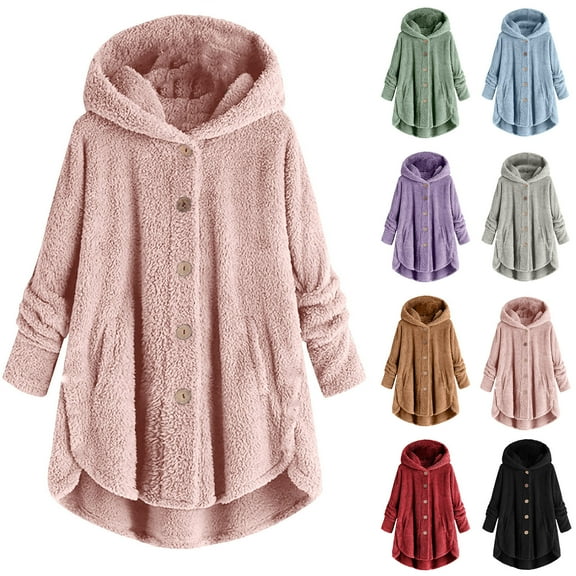 Girls Button Down Fleece Hoodie Jacket Soft Fuzzy Sherpa Hooded Coat Fall Winter Outerwear with Pockets 5-14Y