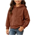 thumbnail image 1 of Girls Button Down Hooded Jacket, Long Sleeve Oversized Hoodie Coat with Pocket, Solid Color Soft Warm Outerwear Brown 5-6 Years, 1 of 9