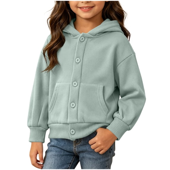 Girls Button Down Hooded Jacket, Long Sleeve Oversized Hoodie Coat with Pocket, Solid Color Soft Warm Outerwear Green 5-6 Years