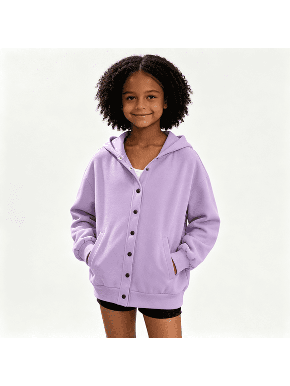 Girls Button Down Hoodie with Pockets Casual Long Sleeve Loose Fit Trendy Kids Fall Jacket Purple 4-14 Years