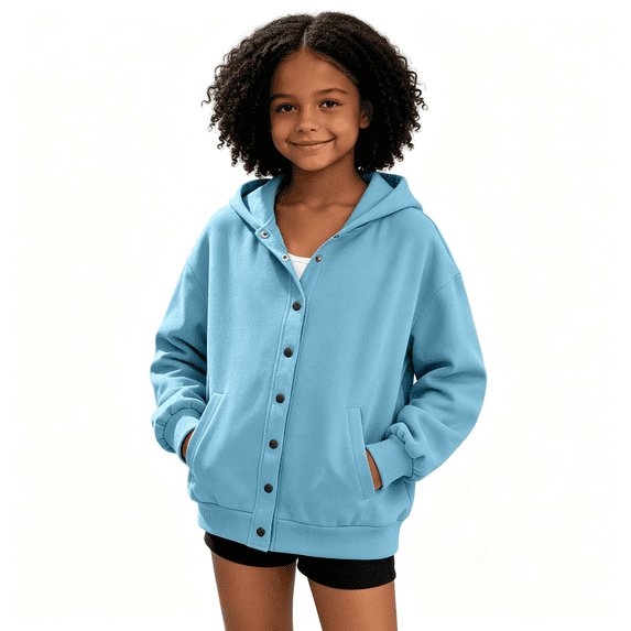 Girls Button Down Hoodie with Pockets Casual Trendy Long Sleeve Loose Fit Kids Fall Jacket Light Blue 11-12 Years