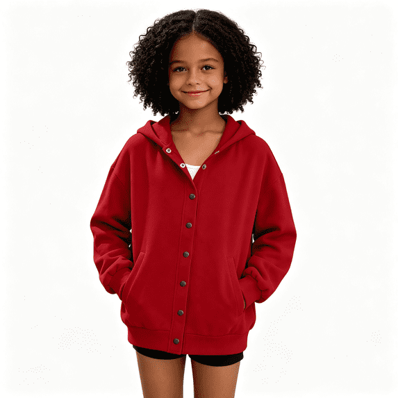 Girls Button Down Hoodie with Pockets Loose Fit Trendy Casual Long Sleeve Kids Fall Jacket Red 7-8 Years
