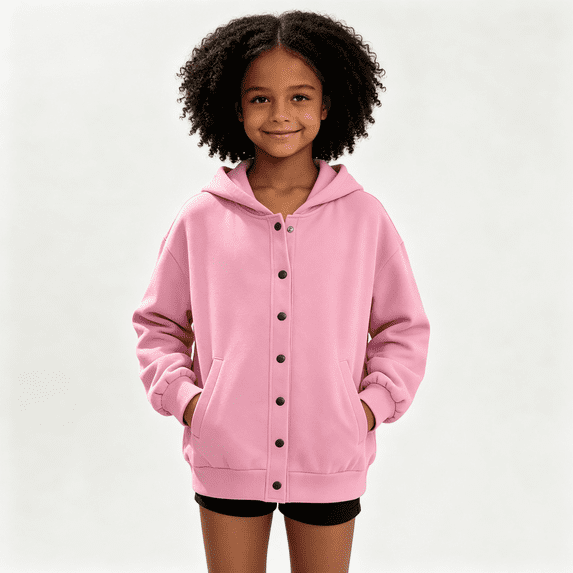 Girls Button Down Hoodie with Pockets Trendy Loose Fit Long Sleeve Casual Kids Fall Jacket Pink 9-10 Years