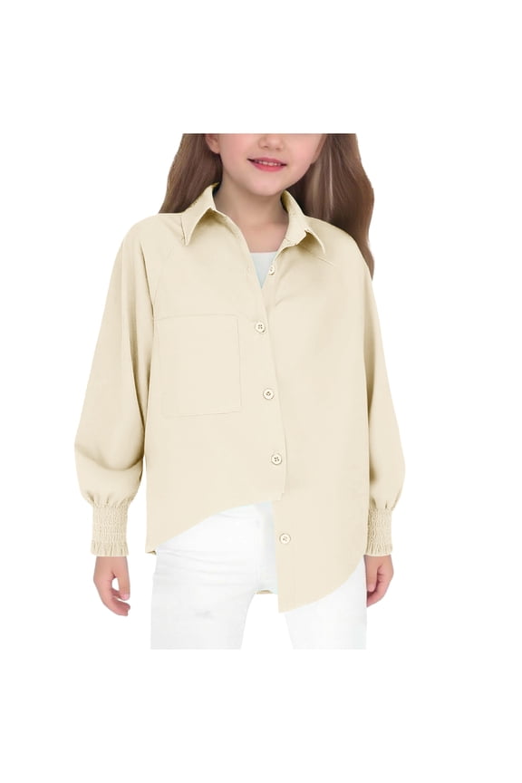 Girls Button Down Shirts Casual Solid Collared Oxford Shirt School Uniform Loose Fit Elastic Cuff Long Sleeve Tops (Beige, 5-6 Years)