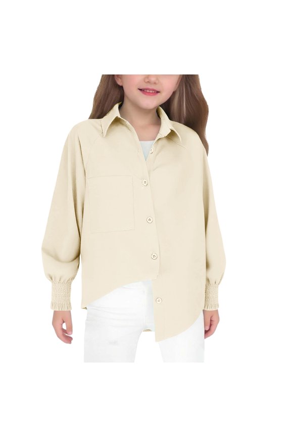 Girls Button Down Shirts Casual Solid Collared Oxford Shirt School Uniform Loose Fit Elastic Cuff Long Sleeve Tops (Beige, 9-10 Years)