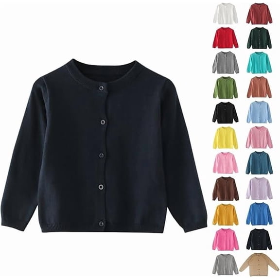 Girls Button Down Solid Knit Cardigan Crewneck Long Sleeve Sweater Outerwear for Children Basic School Uniform Tops