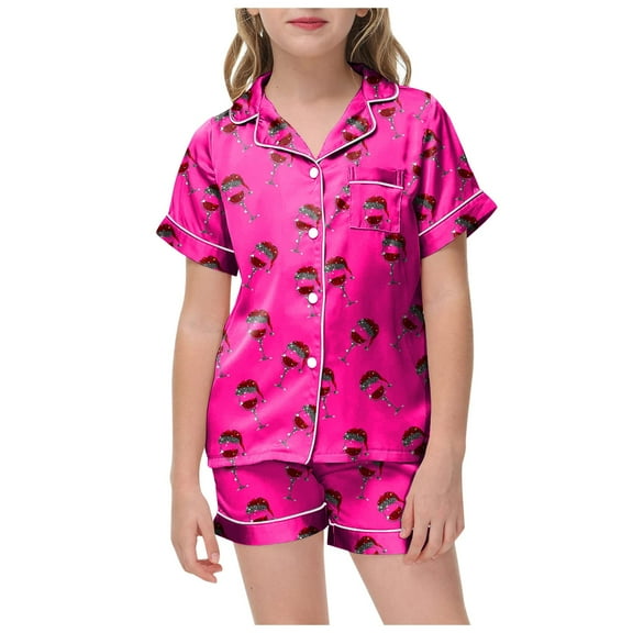 Girls Button Down Pajamas Size 7-8 Toddler Satin Pajamas For Girls Strawberry Printed Button Down Tops With Shorts 2PCS Summer Toddler Girl Sleepwear Girls Pjs