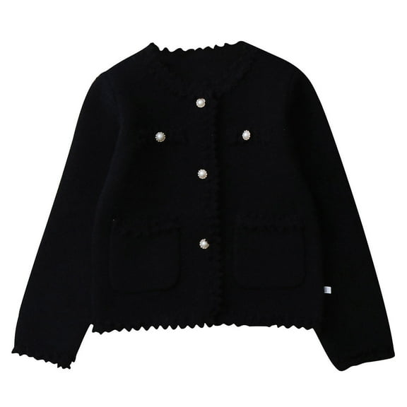Girls Button-Up Cardigan Sweaters Elegant Pearl Lace Long Sleeve Knitted Cardigan Crew Neck Fall Sweater Coat Black, 12 Y