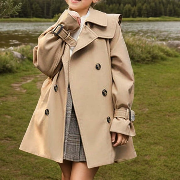 Girls Dress Coat Kid Cute Long Sleeve Button Long Winter Outerwear Jackets with Pockets Khaki 5 Years