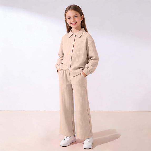 Girls' Button Up Shirt Set Long Sleeve Collared Top and High Waist Wide Leg Pants Casual Two Piece Outfit Relaxed Fit Coord