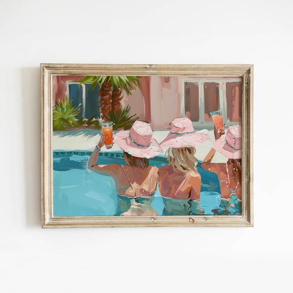 Girls By The Pool Wall Arttrendy Pink Summer Poster Preppy Room Decor Swimming Pool Party Print 3 Friends , Poster Only