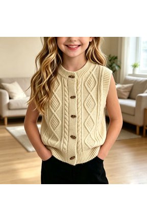 Girls' Cable‑Diamond Knit Sleeveless Waistcoat, Wood‑Look Toggle Buttons, Crew Neck and Ribbed Neck‑Hem, Soft Knit Layering for Girls Fall‑Winter Casual Wear, Sweaters for Girls Yellow 1-2 Years