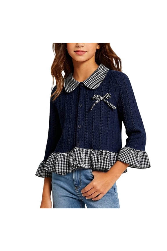Girls Cable Knit Button Cardigan Peter Pan Collar Ruffle Hem Bow Decor Long Sleeve Soft Casual Sweater Tops Fall Outerwear Blue 2-3 Years