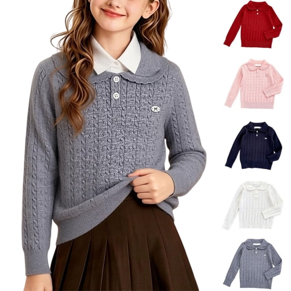 Girls Cable Knit Peter Pan Collar Sweater, Kids Long Sleeve Elastic Pullover Knit Top, Elegant Warm Sweater for Autumn Winter School Casual Daily Wear(Grey,2-3 Years)