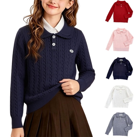 Girls Cable Knit Peter Pan Collar Sweater, Kids Long Sleeve Elastic Pullover Knit Top, Elegant Warm Sweater for Autumn Winter School Casual Daily Wear(Navy,3-4 Years)