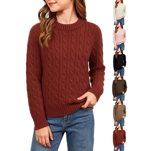 Girls Cable Knit Pullover Sweater Solid Color Soft Crew Neck Twist Knit Top for Fall Winter (Sizes 0-13 Years)