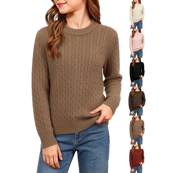 Girls Cable Knit Pullover Sweater Solid Color Soft Crew Neck Twist Knit Top for Fall Winter (Sizes 0-13 Years)