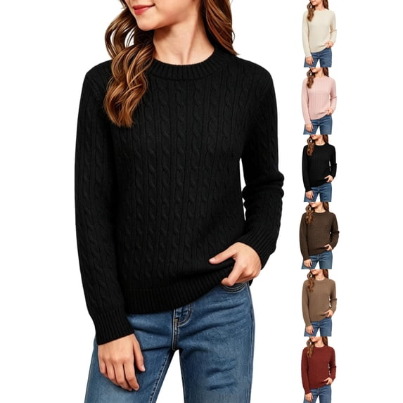 Girls Cable Knit Pullover Sweater Solid Color Soft Crew Neck Twist Knit Top for Fall Winter (Sizes 0-13 Years)