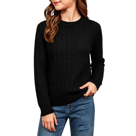 Girls Cable Knit Sweater, Long Sleeve Collar Pullover, Soft Fall Winter Top For Kids Black 11-12Years