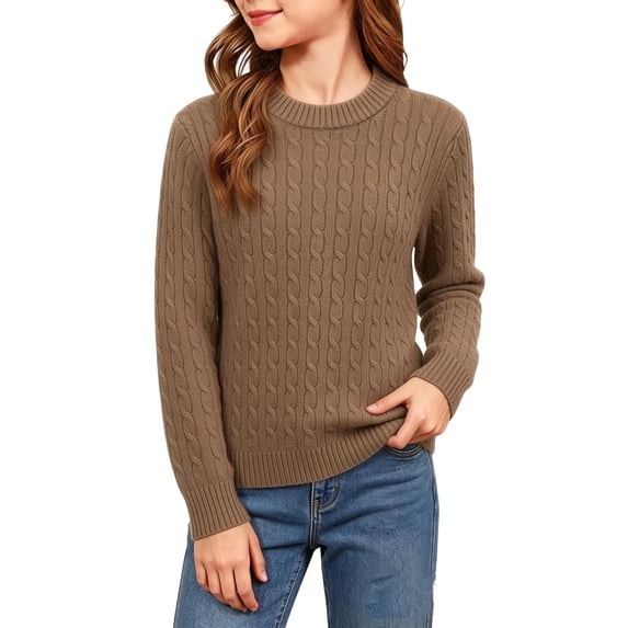 Girls Cable Knit Sweater, Long Sleeve Collar Pullover, Soft Fall Winter Top For Kids Brown 5-6Years