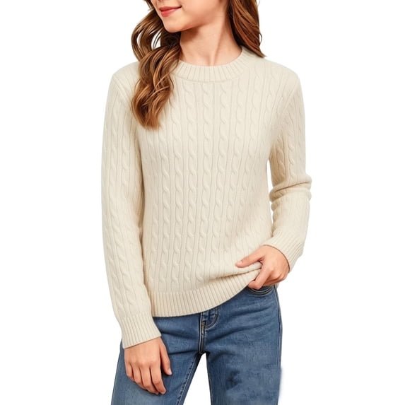 Girls Cable Knit Sweater, Long Sleeve Collar Pullover, Soft Fall Winter Top For Kids White 1-2Years