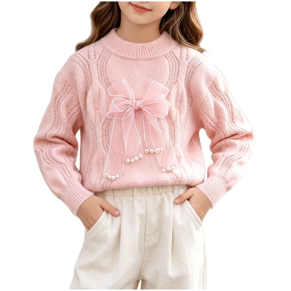 Girls Cable Knit Sweater Loose Fit Bow Pearl Decor Crewneck Pullover Sweaters Soft Long Sleeve Jumper Tween Preppy Knitted Tops 2-12Years