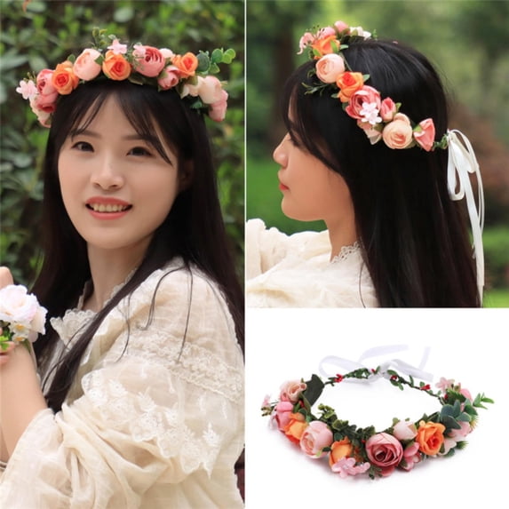Girls Camellias Flower Hair Wreath Headpiece for Birthday Photo Wedding Festival Floral Headband Barrettes