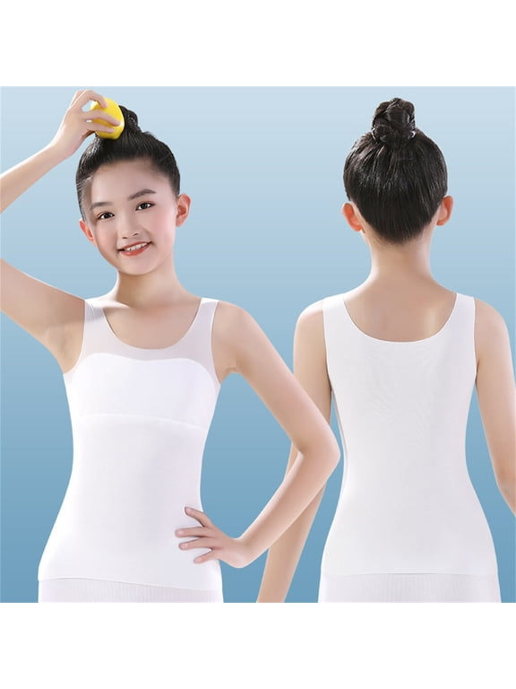 Girls Cami Tank Tops Sleeveless Cotton Undershirts Breathable Camisoles with Shelf Bras for Casual Sports Seamless Bralette White 11Y