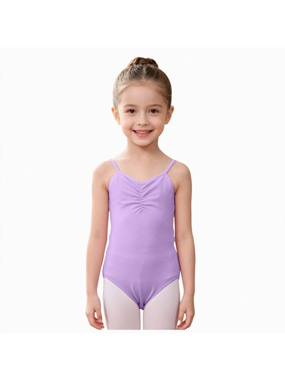 Girls Camisole Dance Leotard with Ruched V-Neck,Sleeveless Ballet Bodysuit