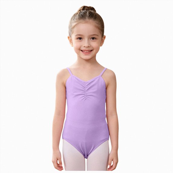 Girls Camisole Dance Leotard with Ruched V-Neck,Sleeveless Ballet Bodysuit